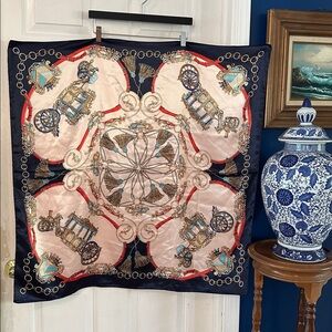Elegant Navy & Pink Polyester Scarf with Intricate Carriage Design 35.5”